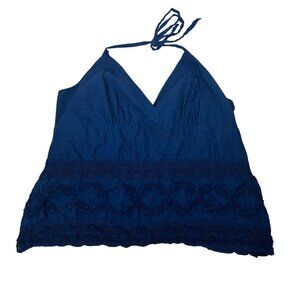 Torrid 4X Blue Halter Top With Crochet Lace Detail Deep V-Neck Boho